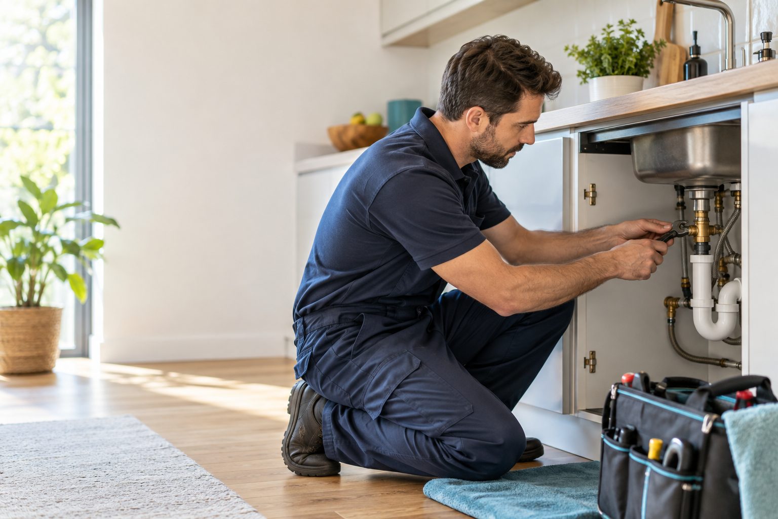 Lavabo altı tesisat bağlantısını kontrol eden teknisyen